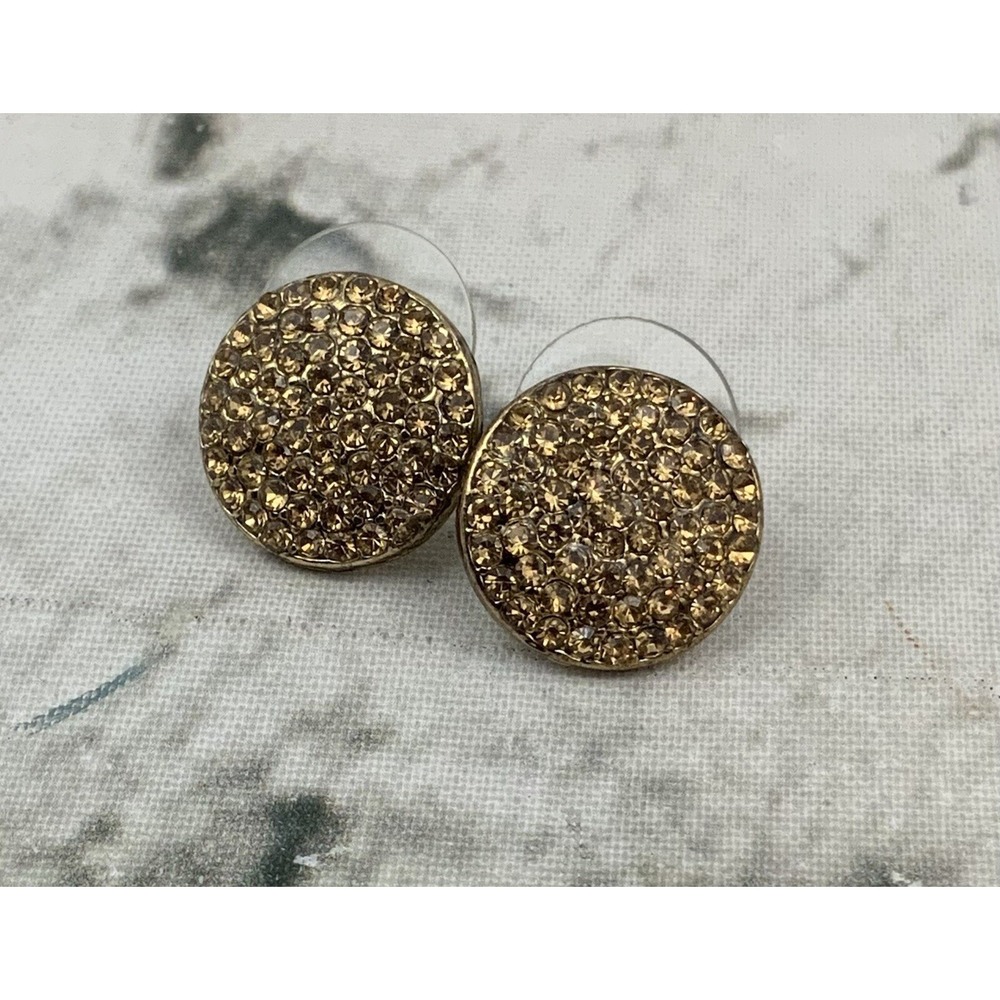 Vintage Gold Toned Stud Earrings Round W Rhinestones Flashy Costume‎ Jewelry